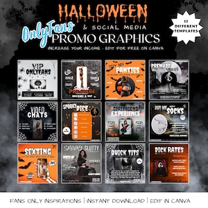 May include: Halloween-themed social media promo graphics for OnlyFans, with templates including "VIP OnlyFans," "Buy My Panties," and "Video Chats." The graphics are designed to increase income and are editable on Canva.