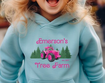 Personalized 'Emerson's Tree Farm' Youth Hoodie: Pink Tractor, Pine Trees