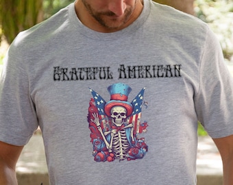 Grateful American Patriot T-Shirt, Flag Skeleton, USA Cotton Tee