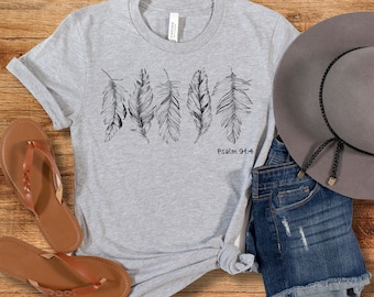 Feather Print T-Shirt, Psalm 91:4, Bella Canvas Airlume Cotton