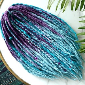 Ready to Ship ! SET No. 465 Full set Wool dreads merino extensions DREADLOCKS DE 60 pieces 22" 55 cm turquoise pastel blue purple ombre