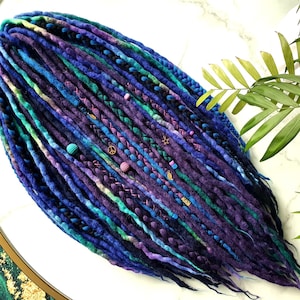 Ready to Ship ! SET No. 468  , Full set Wool dreads merino extensions DREADLOCKS DE 60 pieces , 22&quot; 55 cm braids galaxy blue green