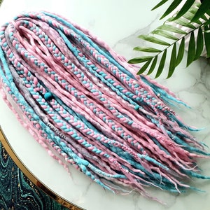 SET No. 102 choose length Wool dreads extensions  braids pastel pink blue DREADLOCKS DE / se  14&quot;/22&quot;/30&quot; 10-60 pieces Short Medium Long