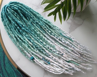 SET No. 62 choose length ombre Wool dreads merino extensions  white turquoise dreadlocks DE se 14"/22"/30" 10-60 pieces Short Medium Long