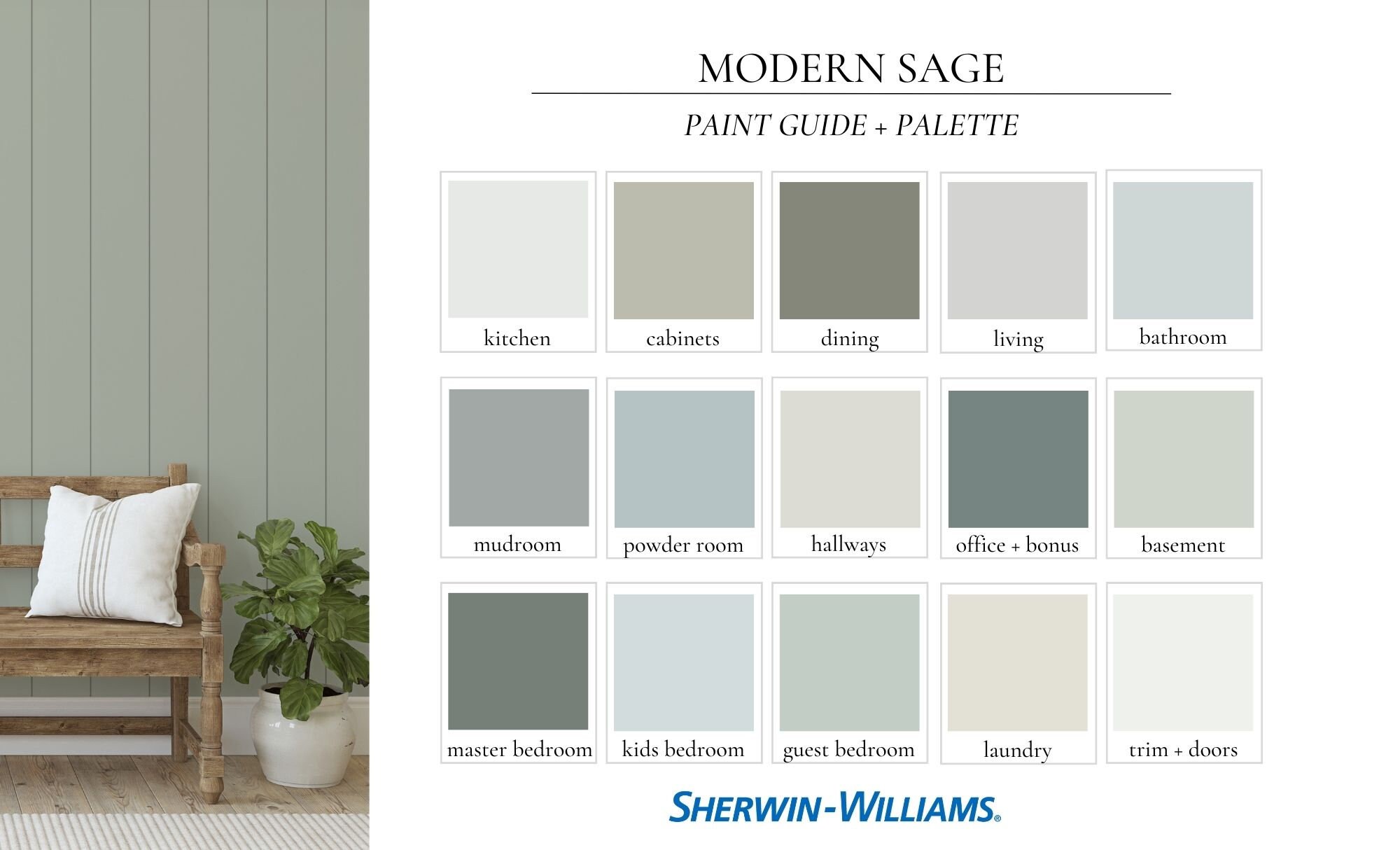 Shades of Green Interior Paint Palette, Whole Home Green Paint Colors,  Green Home Decor, Modern Interior Paint Colors for Whole Home 