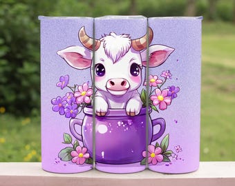 Cute Highland Cow With Flowers in cup 20 oz Skinny Tumbler Sublimation Design, Highland Cow Tumbler Wrap, Floral Cow Tumbler Wrap Seamless