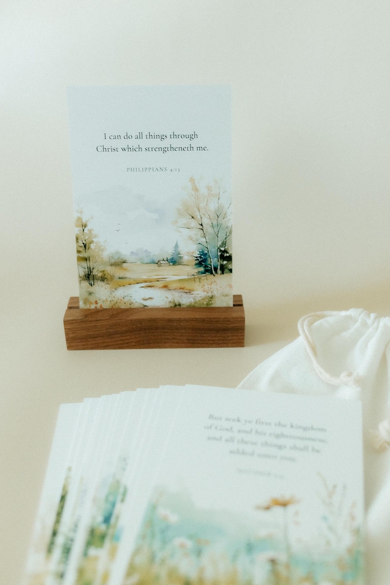 Scenery Uplifting Scripture Cards Year Pack, Bible Verse Cards, KJV, Bible Scripture Card, Wood Stand, Canvas Bag, 52 Verses, Christian Gift 画像 1