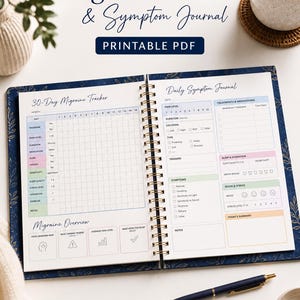 Può includere: Un diario per il monitoraggio dell'emicrania e dei sintomi in formato PDF stampabile con rilegatura a spirale. Include un tracker di 30 giorni, un diario giornaliero e una sezione di riepilogo con griglie, caselle di controllo e campi di testo.