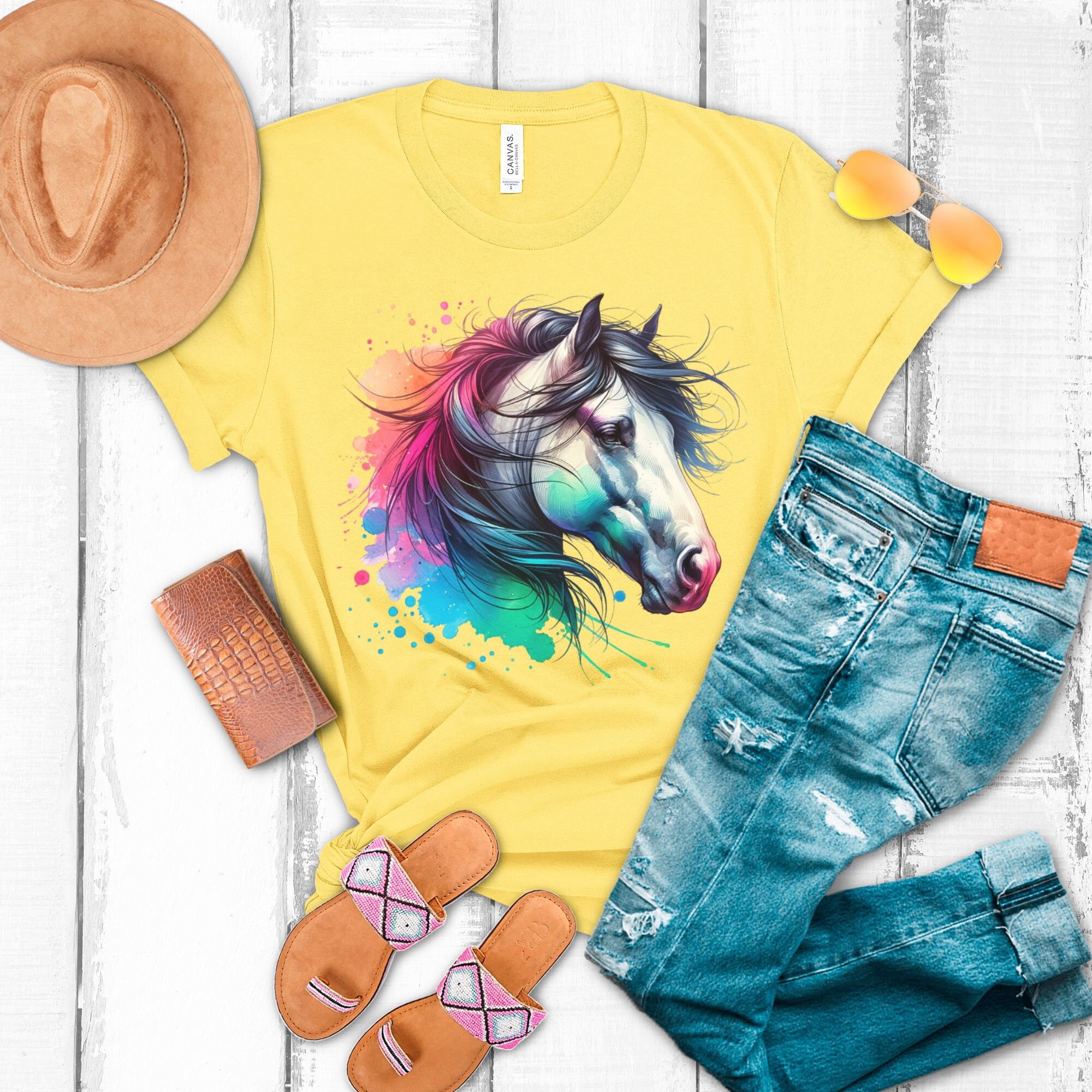 Colorful Horse Print Shirt Artistic Animal Graphic Tee Womens Casual