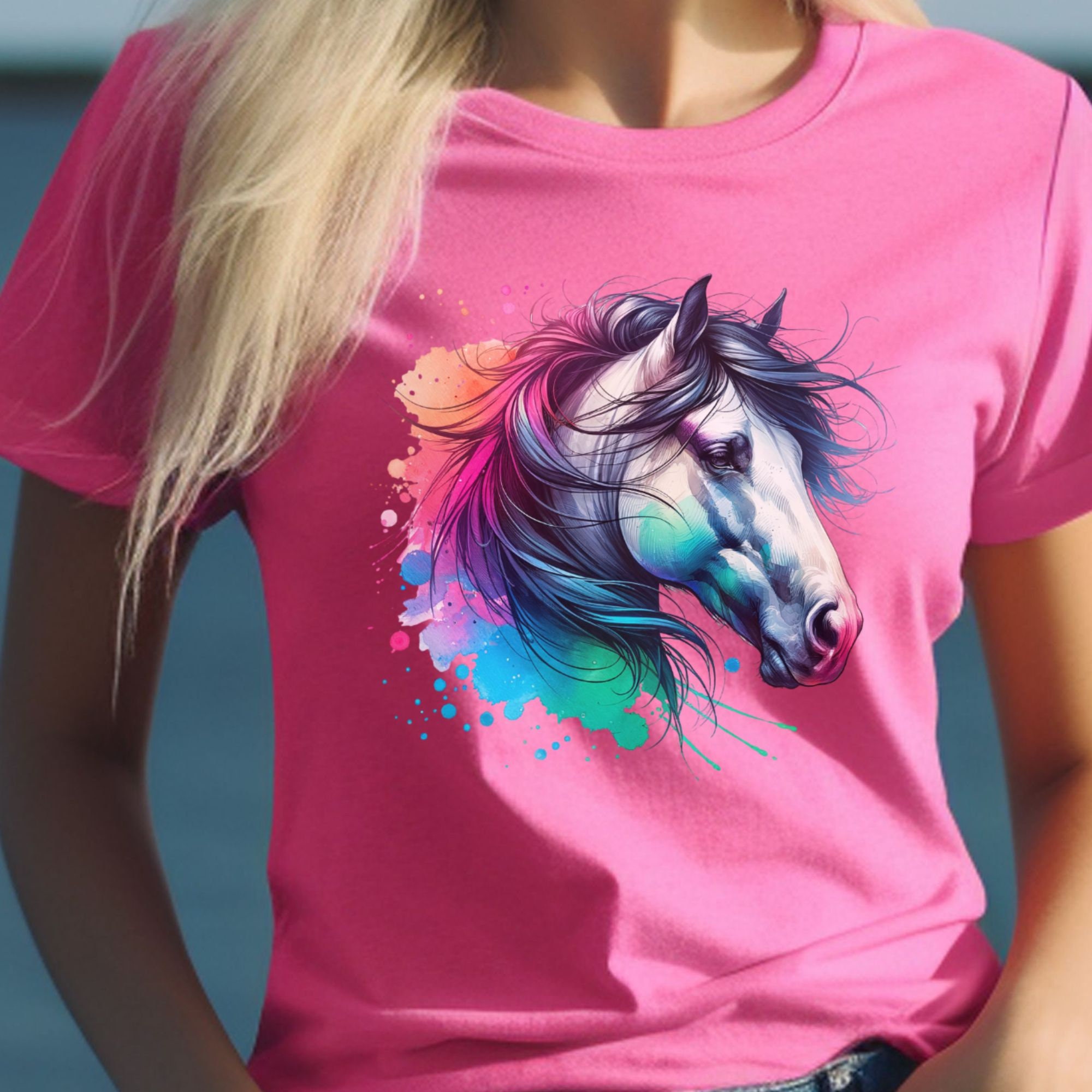 Colorful Horse Print Shirt Artistic Animal Graphic Tee Womens Casual
