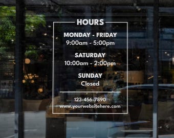 Calcomanía personalizada para ventana con horario de tienda: Letrero de apertura de negocio