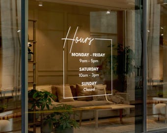 Calcomanía personalizada para ventana con horario de tienda: Letrero para puerta de negocio
