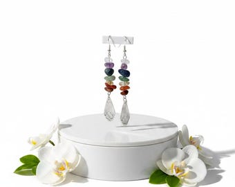 Teardrop Crystal Earrings with Rainbow Chakra Gemstone Chip Beads - 3 Inch Long Dangles