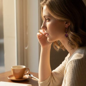 May include: A woman wearing purple gemstone earrings sits by a window, resting her hand on her chin. A cup of coffee and a book are on the table. The scene is bathed in warm sunlight.