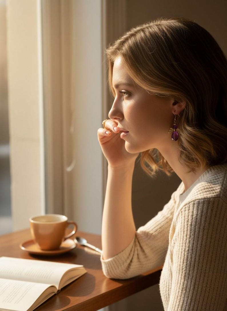 May include: A woman wearing purple gemstone earrings sits by a window, resting her hand on her chin. A cup of coffee and a book are on the table. The scene is bathed in warm sunlight.