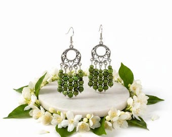 Elegant Silver Scrollwork Heart Chandelier Earrings, Featuring Gaspeite Beads