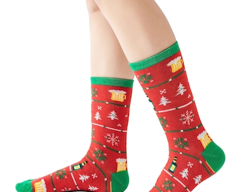 May include: Red and green Christmas socks with a pattern of beer mugs, Christmas trees, and snowflakes.