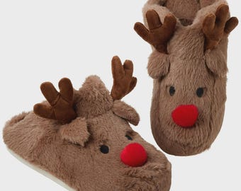 Reindeer Slippers – Unisex Fleece Christmas Holiday House Shoes