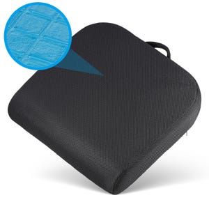 May include: A black mesh seat cushion with a zipper closure. The cushion has a blue gel insert that is visible through the mesh.
