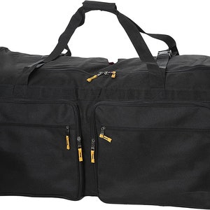 May include: Black rolling duffel bag with multiple zippered compartments and a top handle.