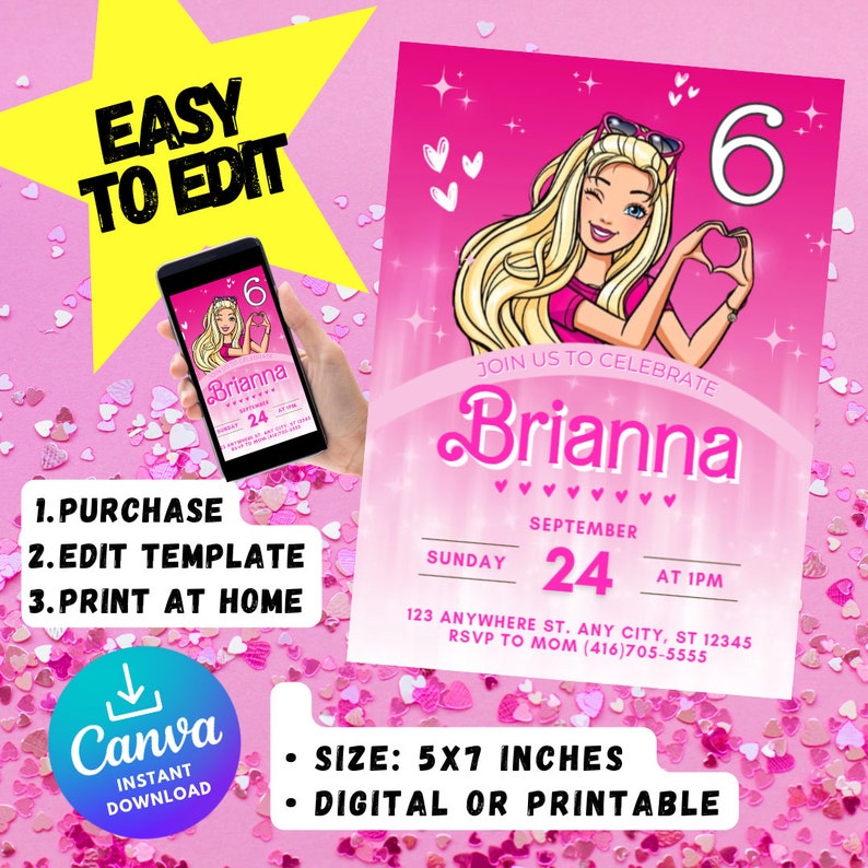 Op de afbeelding: Een roze en witte printbare verjaardagsuitnodiging met een cartoonafbeelding van Barbie met een zonnebril en een roze shirt. De uitnodiging luidt "Doe mee met het vieren van Brianna" en bevat de datum, tijd en locatie van het feest. De uitnodiging is 5x7 inch groot en kan worden afgedrukt of digitaal worden gebruikt.