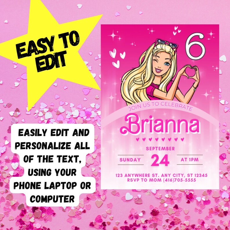 Op de afbeelding: Een roze en witte verjaardagsuitnodiging met een cartoonafbeelding van een blond meisje met een zonnebril dat een hartvorm maakt met haar handen. De uitnodiging luidt "Doe met ons mee om Brianna te vieren" en bevat de datum "24 september" en de tijd "13:00 uur".