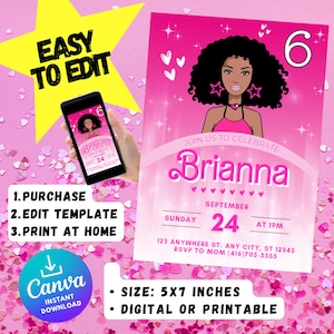 Fashion Doll Party Invitation | Girl Party Invite | African American Barbie | Black Girl Princess | Barbie Birthday Invitation