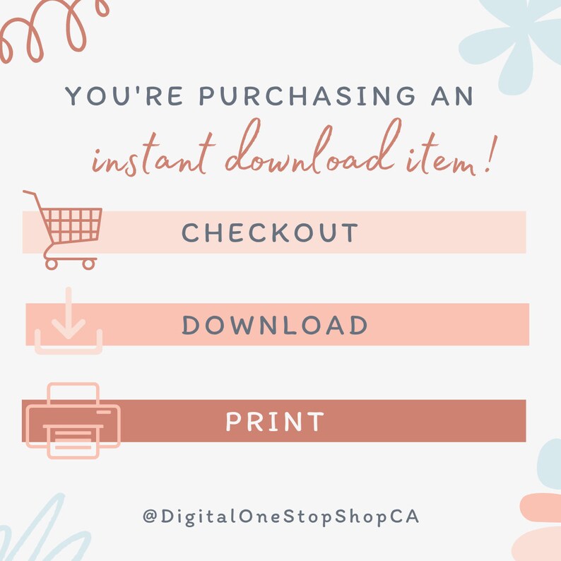 Op de afbeelding: Een grafische illustratie die de stappen laat zien om een digitaal product te kopen en te downloaden. De stappen zijn: afrekenen, downloaden en afdrukken. De illustratie bevat een winkelwagen, een downloadpijl en een printerpictogram. De tekst "You're purchasing an instant download item!" staat bovenaan de afbeelding. De tekst "@DigitalOneStopShopCA" staat onderaan de afbeelding.
