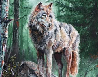 Wolf in a Forest - Print - Wildlife Art, Predator Poster, Animal Decor
