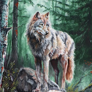 Lobo em uma floresta - Impressão - Arte da vida selvagem, pôster de predador, decoração animal