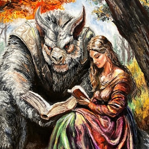 La lezione di lettura - Poster fantasy ispirato alla fiaba La bella e la bestia