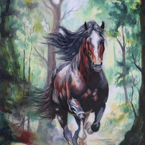 Wild Horse Galloping in a Forest - Print - Wild Horse Wall Art, Paint Horse Poster, Equestrian Decor, Impressionist Art