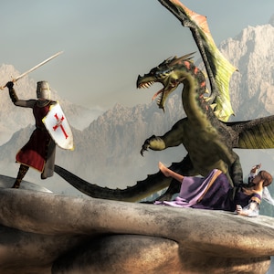 Damsel, Dragon, and Knight - Print - Fantasy Art, Wall Decor, Medieval Adventure Poster