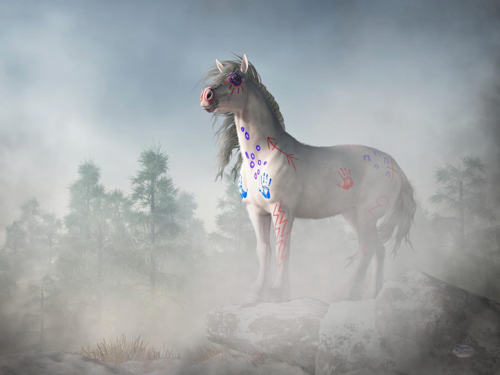 White War Horse of the Morning Mists - Print - Wild West Wall Art 