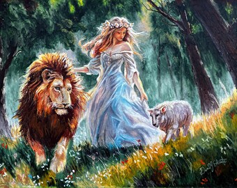 妖精の女王のウナ、ライオン、子羊 - 印刷物 - 英語の詩のイラスト