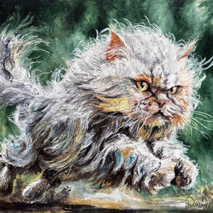 May include: An oil painting of a Persian cat in motion. The cat is primarily white with yellow and brown accents, set against a dark green background. The artwork captures the cat's fur and intense gaze.