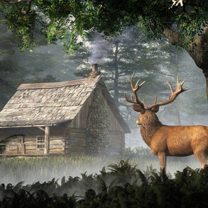 The Visitor - Stampa = Cervo rosso e capanna, poster artistico a tema fauna selvatica