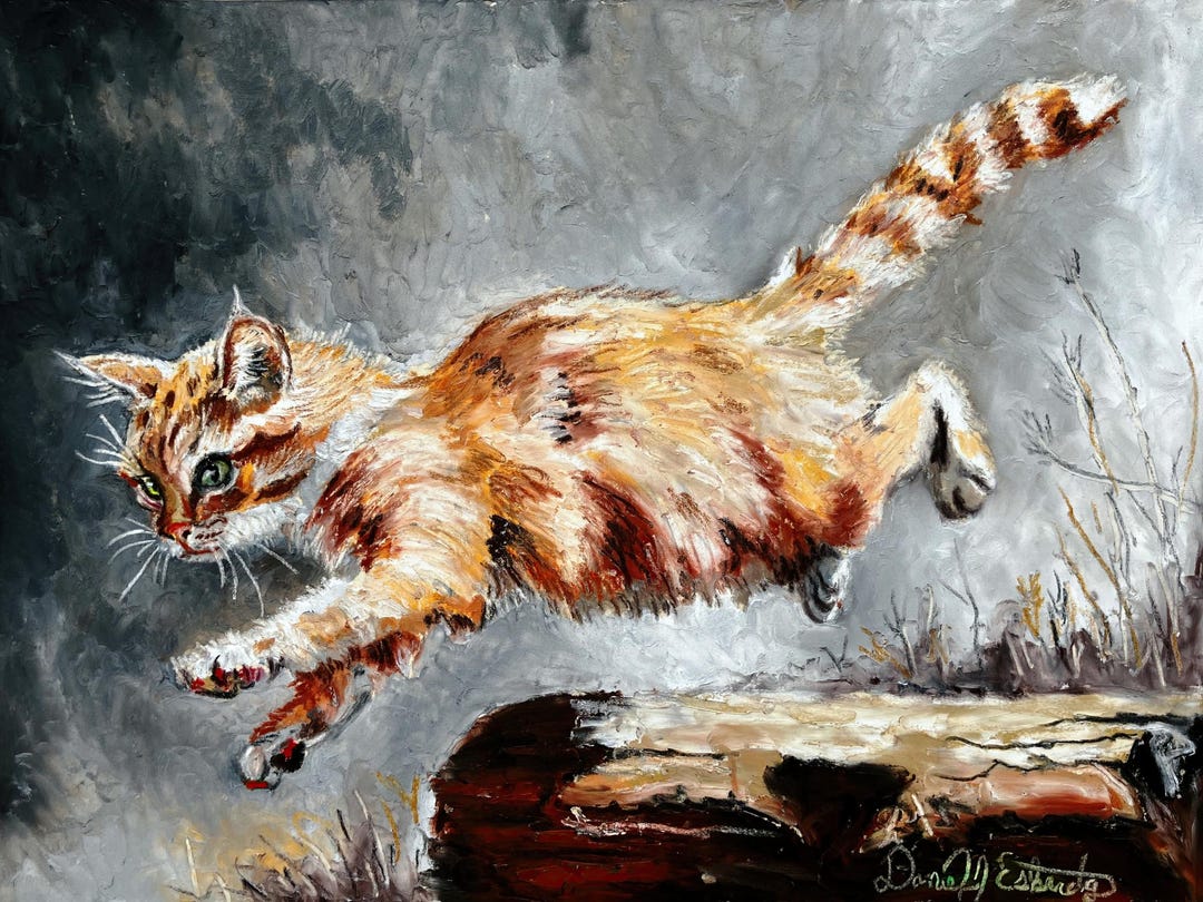 猫とおもちゃの油絵 オレンジ色の猫の冒険、飛びかかるペットのアートプリント（光沢紙