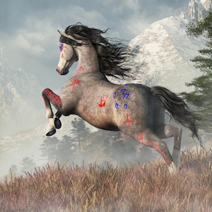 May include: A gray horse with black mane and tail leaps across a grassy field, with mountains in the background. The horse has red and blue markings on its body, including handprints and crosses. The horse's legs are red.