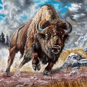 Running Bison - Stampa artistica di bufalo del selvaggio West americano su carta lucida