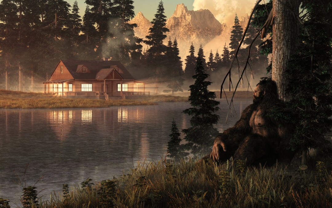 Bigfoot and the Lake Cabin - Print - Sasquatch Themed Wall Art - Etsy