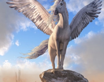 ペガサスアート - 空飛ぶ馬のプリント、レトロな色のペガサスの