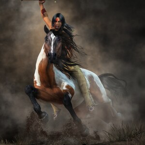 May include: A Native American warrior riding a brown and white pinto horse, holding a tomahawk in the air. The warrior is wearing a feathered headdress and a beaded vest. The horse is running through a dusty field.