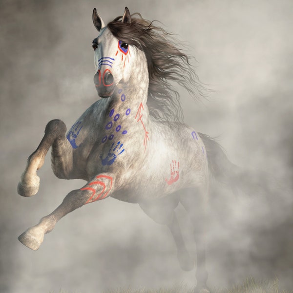 War Horse Charge - Native American Indian Pony in War Paint - Art Print