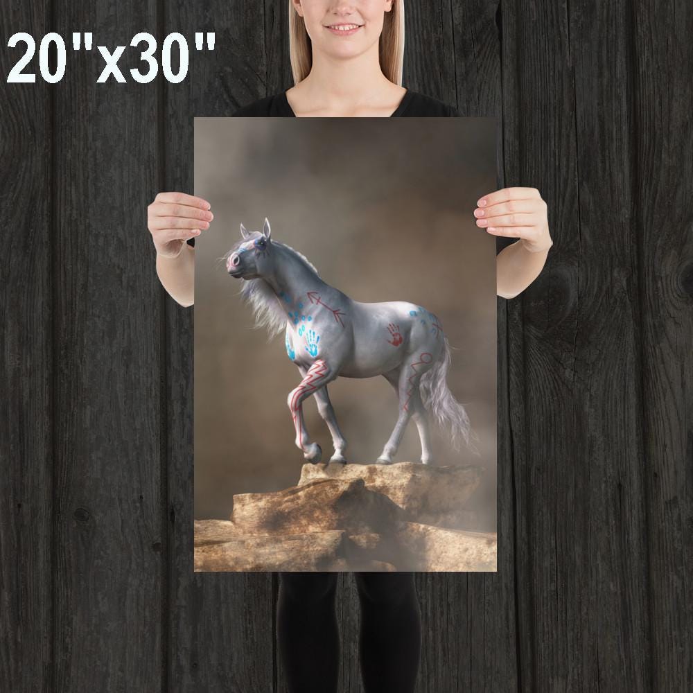 Aazon.co: War White Horse Painting Wall Art, Native Aerican Fraed