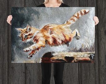 オレンジ色の猫の冒険、飛びかかるペットのアートプリント（光沢紙