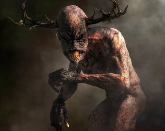 May include: A monstrous creature with antlers, a grotesque face, and a dripping mouth. The creature is standing in a dark, smoky environment.
