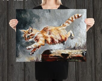 Ditz ディッツ ドレッサー猫 アートプリント 絵画 オレンジ色の猫の冒険、飛びかかるペットのアートプリント（光沢紙
