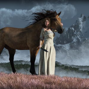 May include: A woman in a white dress stands with a brown horse in a snowy mountain landscape. The woman is holding a knife in her right hand. The horse has a long mane and tail.