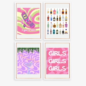 Preppy Love Island Posters, Trendy Bar Cart Wall Art, Set van 4, DIGITALE DOWNLOAD, Cute Decor, Eat, Sleep, Crack On, Repeat